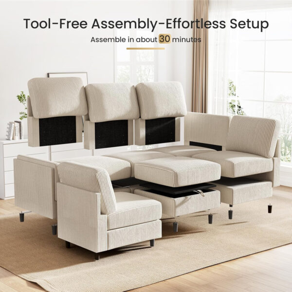 KKL Modular Sectional Sofa Bed with Storage Ottoman, Convertible L/U-Shaped Sleeper Couch for Living Room, Modern Reversible Design, Beige