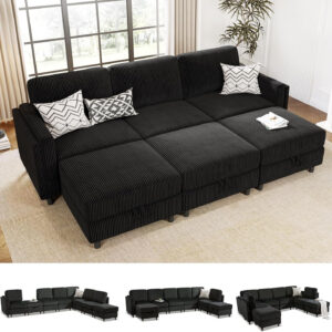 KKL Modular Sectional Sofa Bed with Storage Ottoman, Convertible L/U-Shaped Sleeper Couch for Living Room, Modern Reversible Design, Beige