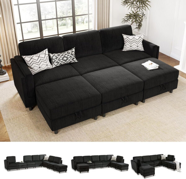 KKL Modular Sectional Sofa Bed with Storage Ottoman, Convertible L/U-Shaped Sleeper Couch for Living Room, Modern Reversible Design, Beige