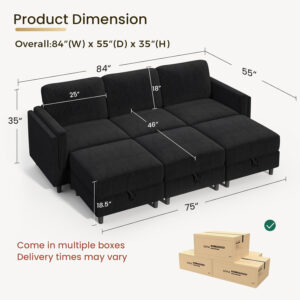 KKL Modular Sectional Sofa Bed with Storage Ottoman, Convertible L/U-Shaped Sleeper Couch for Living Room, Modern Reversible Design, Beige