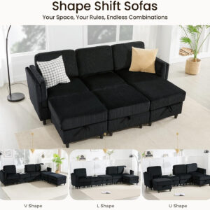 KKL Modular Sectional Sofa Bed with Storage Ottoman, Convertible L/U-Shaped Sleeper Couch for Living Room, Modern Reversible Design, Beige