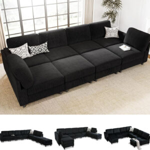 KKL Modular Sectional Sofa Bed with Storage Ottoman, Convertible L/U-Shaped Sleeper Couch for Living Room, Modern Reversible Design, Beige