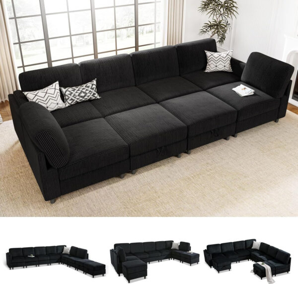 KKL Modular Sectional Sofa Bed with Storage Ottoman, Convertible L/U-Shaped Sleeper Couch for Living Room, Modern Reversible Design, Beige