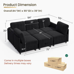 KKL Modular Sectional Sofa Bed with Storage Ottoman, Convertible L/U-Shaped Sleeper Couch for Living Room, Modern Reversible Design, Beige