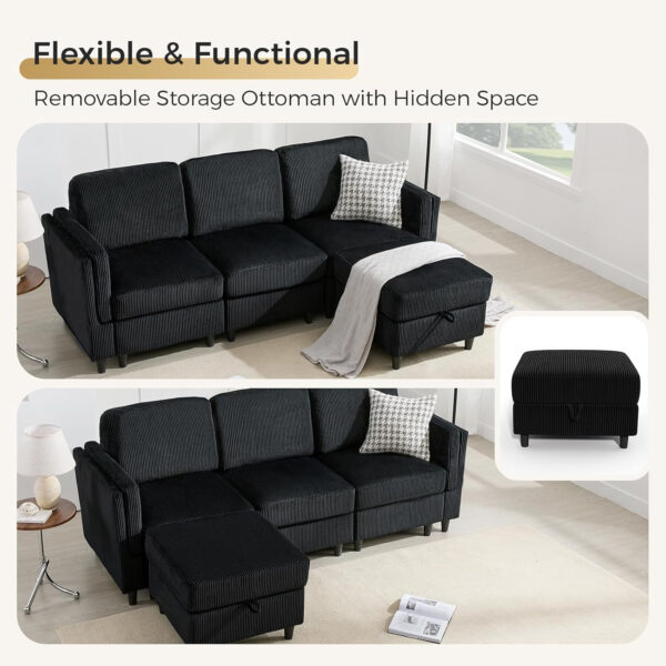 KKL Modular Sectional Sofa Bed with Storage Ottoman, Convertible L/U-Shaped Sleeper Couch for Living Room, Modern Reversible Design, Beige