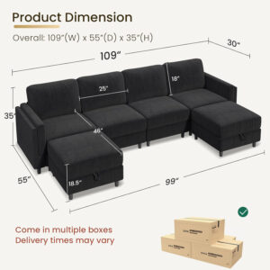 KKL Modular Sectional Sofa Bed with Storage Ottoman, Convertible L/U-Shaped Sleeper Couch for Living Room, Modern Reversible Design, Beige