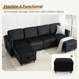 KKL Modular Sectional Sofa Bed with Storage Ottoman, Convertible L/U-Shaped Sleeper Couch for Living Room, Modern Reversible Design, Beige