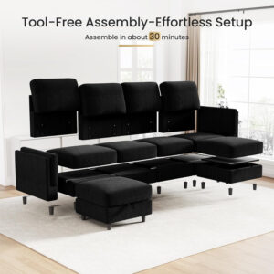 KKL Modular Sectional Sofa Bed with Storage Ottoman, Convertible L/U-Shaped Sleeper Couch for Living Room, Modern Reversible Design, Beige