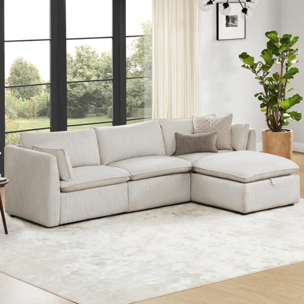 CHITA Sectional Modular Down Filled L Shape Sofa, Comfty L Shape Cloud Couch,FSC Certified L Shaped Couch for Living Room, 114 inch Width,4 Seat with Storage Ottoman, Snow