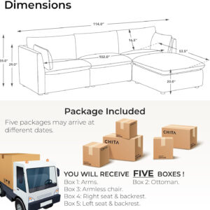 CHITA Sectional Modular Down Filled L Shape Sofa, Comfty L Shape Cloud Couch,FSC Certified L Shaped Couch for Living Room, 114 inch Width,4 Seat with Storage Ottoman, Snow