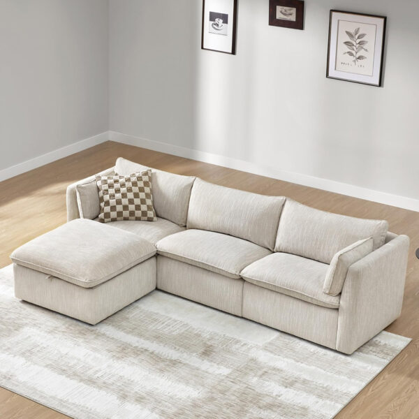 CHITA Sectional Modular Down Filled L Shape Sofa, Comfty L Shape Cloud Couch,FSC Certified L Shaped Couch for Living Room, 114 inch Width,4 Seat with Storage Ottoman, Snow