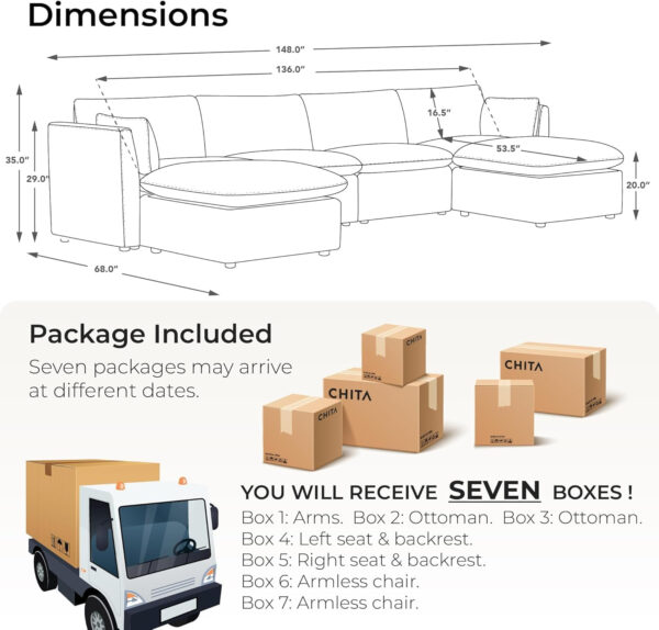 CHITA Sectional Modular Down Filled L Shape Sofa, Comfty L Shape Cloud Couch,FSC Certified L Shaped Couch for Living Room, 114 inch Width,4 Seat with Storage Ottoman, Snow
