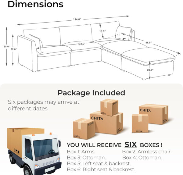 CHITA Sectional Modular Down Filled L Shape Sofa, Comfty L Shape Cloud Couch,FSC Certified L Shaped Couch for Living Room, 114 inch Width,4 Seat with Storage Ottoman, Snow