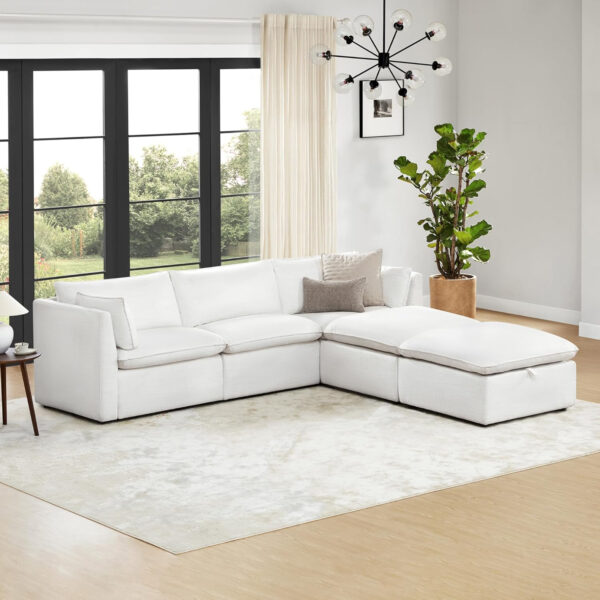 CHITA Sectional Modular Down Filled L Shape Sofa, Comfty L Shape Cloud Couch,FSC Certified L Shaped Couch for Living Room, 114 inch Width,4 Seat with Storage Ottoman, Snow