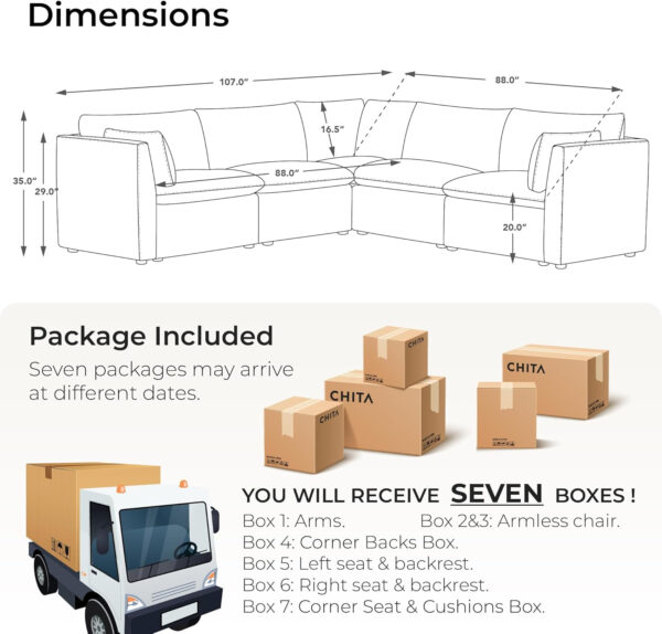 CHITA Sectional Modular Down Filled L Shape Sofa, Comfty L Shape Cloud Couch,FSC Certified L Shaped Couch for Living Room, 114 inch Width,4 Seat with Storage Ottoman, Snow