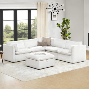 CHITA Sectional Modular Down Filled L Shape Sofa, Comfty L Shape Cloud Couch,FSC Certified L Shaped Couch for Living Room, 114 inch Width,4 Seat with Storage Ottoman, Snow