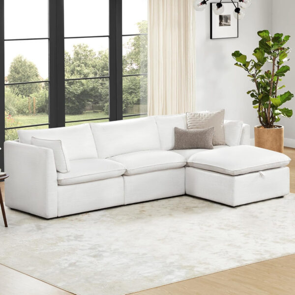 CHITA Sectional Modular Down Filled L Shape Sofa, Comfty L Shape Cloud Couch,FSC Certified L Shaped Couch for Living Room, 114 inch Width,4 Seat with Storage Ottoman, Snow