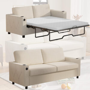 6886ea079358291f7972bad164d0647d82ebfe26d33031d108c17.jpg Mjkone Pull Out Sofa Bed, Full Sleeper Sofa Couch with Cup Holders and Memory Foam Mattress, 2-in-1 Convertible Pullout Couch with USB Charging Ports for Living Room Guest Room Apartment, Beige