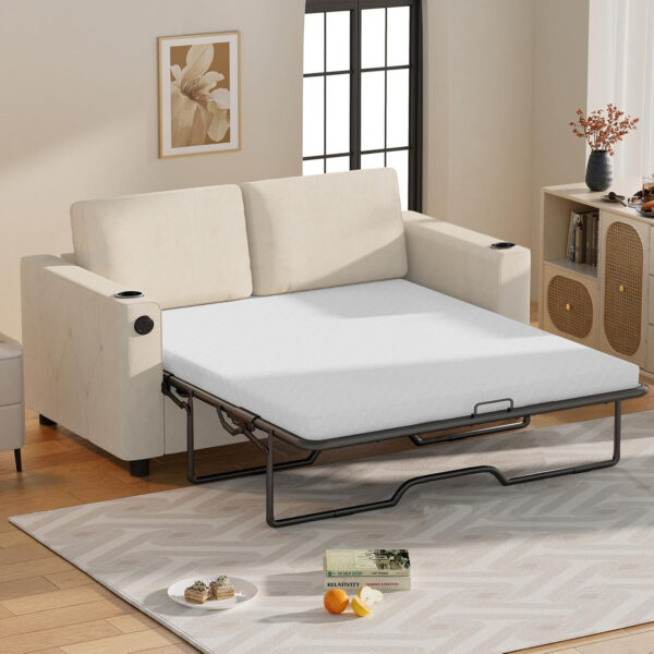 6886ea0924b9d90b9678ca257760c3034f7ab6b8045405f80ffcd.jpg Mjkone Pull Out Sofa Bed, Full Sleeper Sofa Couch with Cup Holders and Memory Foam Mattress, 2-in-1 Convertible Pullout Couch with USB Charging Ports for Living Room Guest Room Apartment, Beige