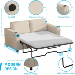 6886ea0a49d1ec251cdaf4ed7b775ca09e224bccdc5f6407b7b40.jpg Mjkone Pull Out Sofa Bed, Full Sleeper Sofa Couch with Cup Holders and Memory Foam Mattress, 2-in-1 Convertible Pullout Couch with USB Charging Ports for Living Room Guest Room Apartment, Beige