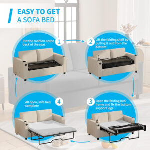 6886ea0c72b85458b950e5921384c3e1c4c23e99ab4106cda0b6e.jpg Mjkone Pull Out Sofa Bed, Full Sleeper Sofa Couch with Cup Holders and Memory Foam Mattress, 2-in-1 Convertible Pullout Couch with USB Charging Ports for Living Room Guest Room Apartment, Beige