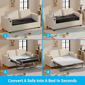 6886ea128e6c3671f8dc46ad23753dd98b19e53ab0a54d3749baf.jpg Mjkone Pull Out Sofa Bed, Full Sleeper Sofa Couch with Cup Holders and Memory Foam Mattress, 2-in-1 Convertible Pullout Couch with USB Charging Ports for Living Room Guest Room Apartment, Beige