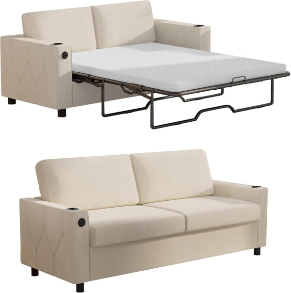 6886ea141b23ceeb2853ec34022b783ced61ba4a64a438577a032.jpg Mjkone Pull Out Sofa Bed, Full Sleeper Sofa Couch with Cup Holders and Memory Foam Mattress, 2-in-1 Convertible Pullout Couch with USB Charging Ports for Living Room Guest Room Apartment, Beige
