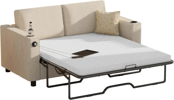 6886ea16e994615929c7b4ec9061339c8db67077c0f7e88c566b5.jpg Mjkone Pull Out Sofa Bed, Full Sleeper Sofa Couch with Cup Holders and Memory Foam Mattress, 2-in-1 Convertible Pullout Couch with USB Charging Ports for Living Room Guest Room Apartment, Beige