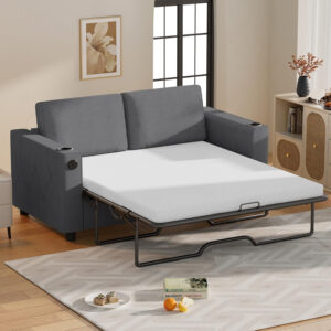 6886ea1ad41d9048999319147fafc09447be34cbc8f6da082bbed.jpg Mjkone Pull Out Sofa Bed, Full Sleeper Sofa Couch with Cup Holders and Memory Foam Mattress, 2-in-1 Convertible Pullout Couch with USB Charging Ports for Living Room Guest Room Apartment, Beige