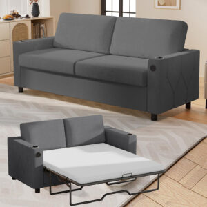 6886ea1d8983d99a797027e5476e6ac7f57102fb21915d446909f.jpg Mjkone Pull Out Sofa Bed, Full Sleeper Sofa Couch with Cup Holders and Memory Foam Mattress, 2-in-1 Convertible Pullout Couch with USB Charging Ports for Living Room Guest Room Apartment, Beige