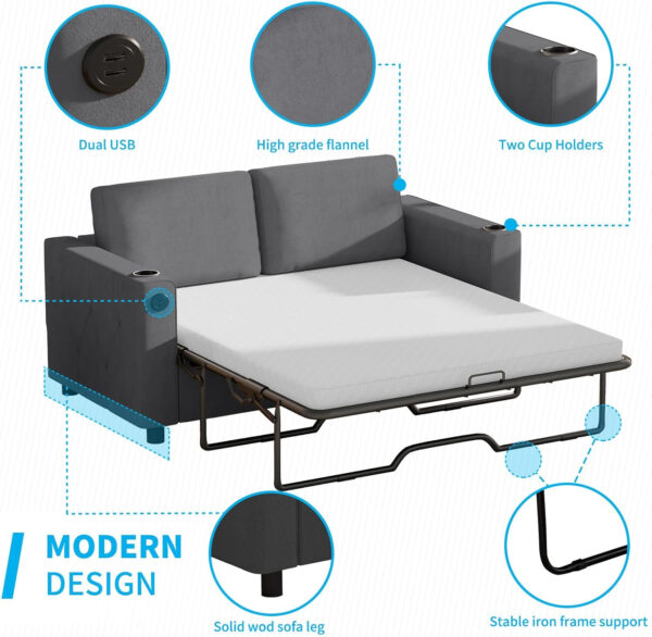 6886ea1fcdca97a516269956fae5bf0d29caf69bf47cdaea3dcd9.jpg Mjkone Pull Out Sofa Bed, Full Sleeper Sofa Couch with Cup Holders and Memory Foam Mattress, 2-in-1 Convertible Pullout Couch with USB Charging Ports for Living Room Guest Room Apartment, Beige