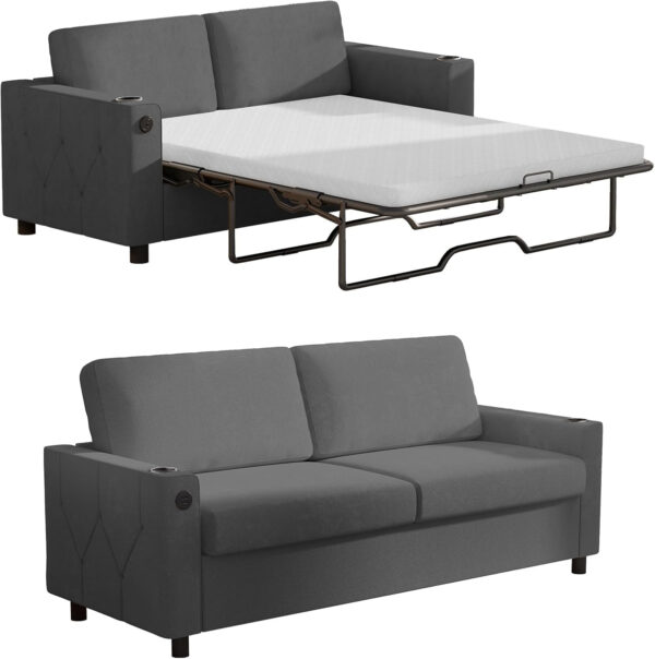 6886ea228d14b07254fd81c84f79bfb34127cec0e56666de2d289.jpg Mjkone Pull Out Sofa Bed, Full Sleeper Sofa Couch with Cup Holders and Memory Foam Mattress, 2-in-1 Convertible Pullout Couch with USB Charging Ports for Living Room Guest Room Apartment, Beige