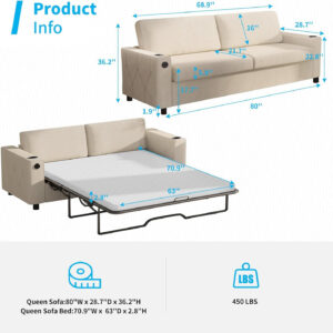 6886ea24a49b32d2096146c85d696e9650392698660e2e3ab93f6.jpg Mjkone Pull Out Sofa Bed, Full Sleeper Sofa Couch with Cup Holders and Memory Foam Mattress, 2-in-1 Convertible Pullout Couch with USB Charging Ports for Living Room Guest Room Apartment, Beige