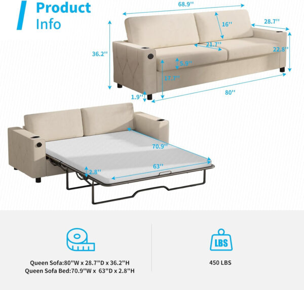 6886ea24a49b32d2096146c85d696e9650392698660e2e3ab93f6.jpg Mjkone Pull Out Sofa Bed, Full Sleeper Sofa Couch with Cup Holders and Memory Foam Mattress, 2-in-1 Convertible Pullout Couch with USB Charging Ports for Living Room Guest Room Apartment, Beige