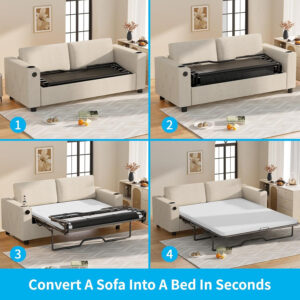 6886ea27dcd91021bfef086f0aa9112f2fc91443ca14719b1914e.jpg Mjkone Pull Out Sofa Bed, Full Sleeper Sofa Couch with Cup Holders and Memory Foam Mattress, 2-in-1 Convertible Pullout Couch with USB Charging Ports for Living Room Guest Room Apartment, Beige
