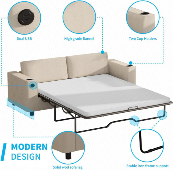 6886ea2a9bbcff45dd74f89c41f4769ba671e7d1310d59613ca9d.jpg Mjkone Pull Out Sofa Bed, Full Sleeper Sofa Couch with Cup Holders and Memory Foam Mattress, 2-in-1 Convertible Pullout Couch with USB Charging Ports for Living Room Guest Room Apartment, Beige