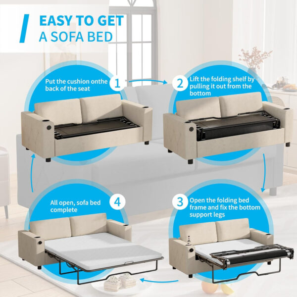 6886ea2bbba1c46349a82475fde8b84d388cf1203c42f5a64c494.jpg Mjkone Pull Out Sofa Bed, Full Sleeper Sofa Couch with Cup Holders and Memory Foam Mattress, 2-in-1 Convertible Pullout Couch with USB Charging Ports for Living Room Guest Room Apartment, Beige