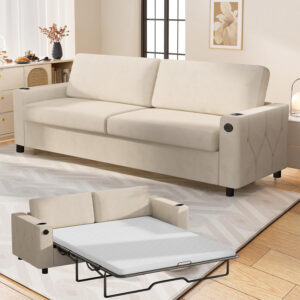 6886ea2cdce4303411ff11ebf78b6d7aaa8b2a15ee9684f9a2630.jpg Mjkone Pull Out Sofa Bed, Full Sleeper Sofa Couch with Cup Holders and Memory Foam Mattress, 2-in-1 Convertible Pullout Couch with USB Charging Ports for Living Room Guest Room Apartment, Beige