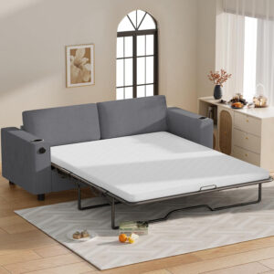 6886ea3070fc545ae6857202d16bf8a99085e50e15872fd46c787.jpg Mjkone Pull Out Sofa Bed, Full Sleeper Sofa Couch with Cup Holders and Memory Foam Mattress, 2-in-1 Convertible Pullout Couch with USB Charging Ports for Living Room Guest Room Apartment, Beige