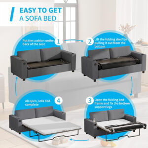 6886ea3602079ccd8d59d5b86d075207d85ce102793fa76577156.jpg Mjkone Pull Out Sofa Bed, Full Sleeper Sofa Couch with Cup Holders and Memory Foam Mattress, 2-in-1 Convertible Pullout Couch with USB Charging Ports for Living Room Guest Room Apartment, Beige