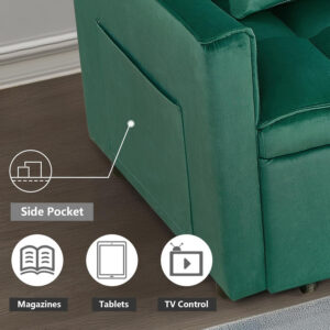 3 in 1 Convertible Sleeper Sofa Bed,Futon Loveseat Couch with Pull-Out Bed & Adjustable Backrest,Velvet Fabric Sofa with Side Pocket for Small Apartment, Living Room, Office (Black)