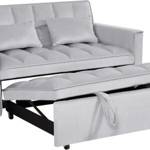 3 in 1 Convertible Sleeper Sofa Bed,Futon Loveseat Couch with Pull-Out Bed & Adjustable Backrest,Velvet Fabric Sofa with Side Pocket for Small Apartment, Living Room, Office (Black)