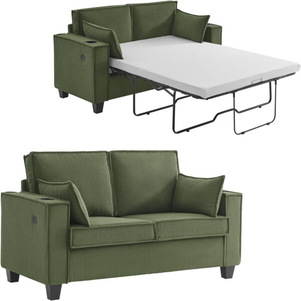 Brelice Pull Out Sofa Bed, Full Size Convertible Loveseat Sleeper Sofa, Corduroy Memory Foam Couch Bed for Living Room, Guest Room, Apartment, Home Office (Green)