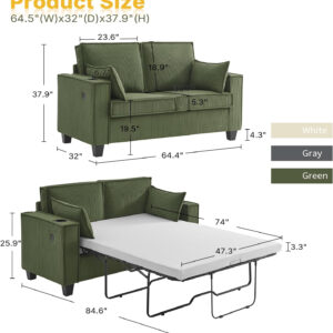 Brelice Pull Out Sofa Bed, Full Size Convertible Loveseat Sleeper Sofa, Corduroy Memory Foam Couch Bed for Living Room, Guest Room, Apartment, Home Office (Green)