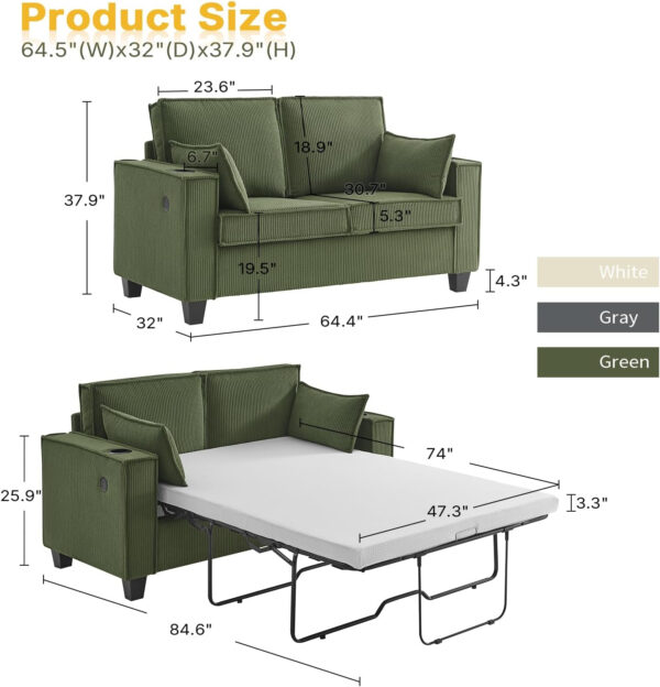 Brelice Pull Out Sofa Bed, Full Size Convertible Loveseat Sleeper Sofa, Corduroy Memory Foam Couch Bed for Living Room, Guest Room, Apartment, Home Office (Green)