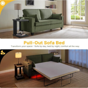 Brelice Pull Out Sofa Bed, Full Size Convertible Loveseat Sleeper Sofa, Corduroy Memory Foam Couch Bed for Living Room, Guest Room, Apartment, Home Office (Green)