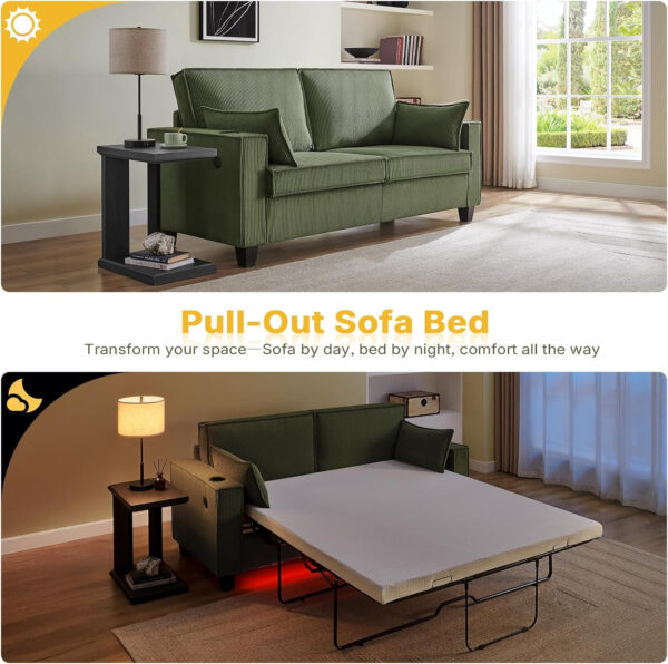 Brelice Pull Out Sofa Bed, Full Size Convertible Loveseat Sleeper Sofa, Corduroy Memory Foam Couch Bed for Living Room, Guest Room, Apartment, Home Office (Green)