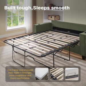 Brelice Pull Out Sofa Bed, Full Size Convertible Loveseat Sleeper Sofa, Corduroy Memory Foam Couch Bed for Living Room, Guest Room, Apartment, Home Office (Green)