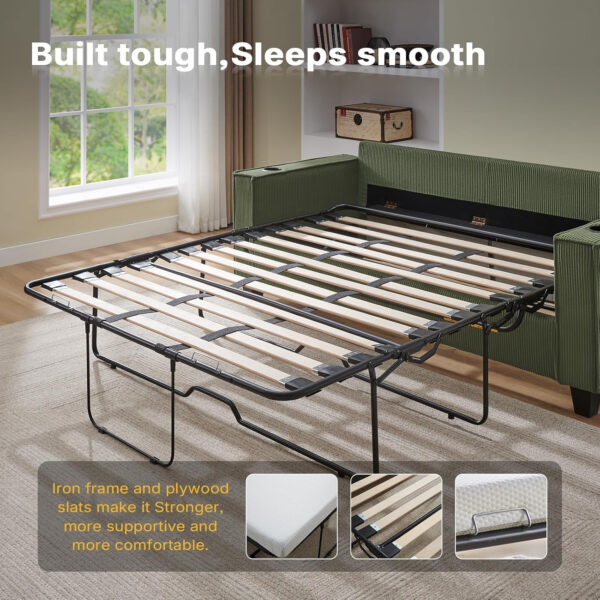 Brelice Pull Out Sofa Bed, Full Size Convertible Loveseat Sleeper Sofa, Corduroy Memory Foam Couch Bed for Living Room, Guest Room, Apartment, Home Office (Green)