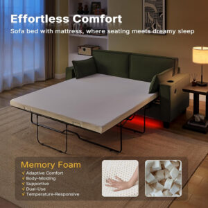 Brelice Pull Out Sofa Bed, Full Size Convertible Loveseat Sleeper Sofa, Corduroy Memory Foam Couch Bed for Living Room, Guest Room, Apartment, Home Office (Green)